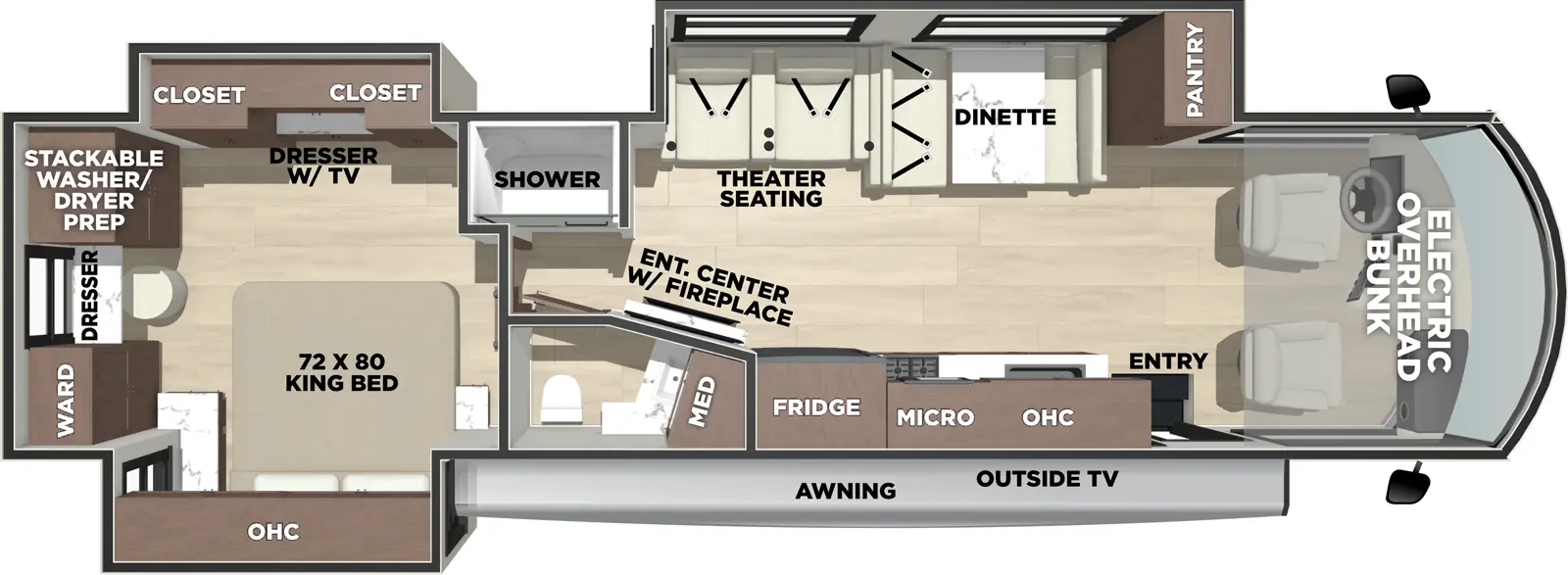 The Georgetown 5 Series GT5 34M5 floorplan has one entry and two slide outs. Exterior features include: 18' awning and outside entertainment. Interiors features include: rear bedroom, bunk over cab and dinette.